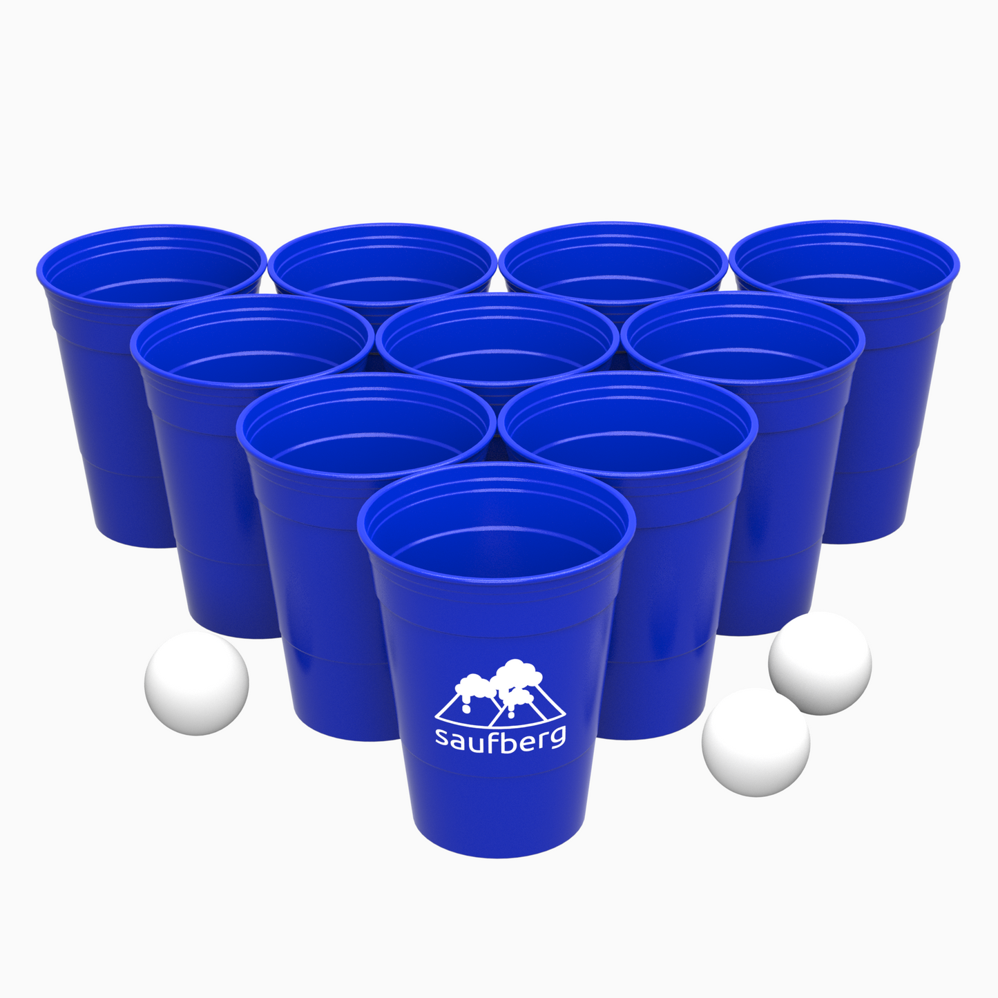 Bierpong-Set mit blauen Mehrweg-Bechern als Pyramide aufgebaut. Rot, schwarz und weiße Beerpong-Bälle mit saufberg Logo Aufdruck liegen spielbereit daneben.
