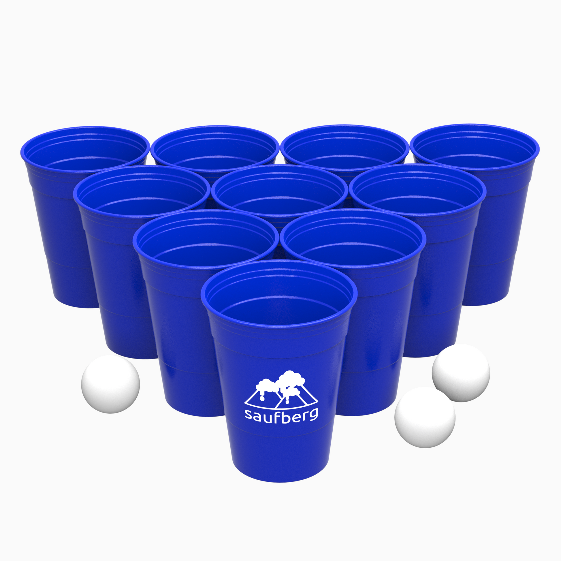 Bierpong-Set mit blauen Mehrweg-Bechern als Pyramide aufgebaut. Rot, schwarz und weiße Beerpong-Bälle mit saufberg Logo Aufdruck liegen spielbereit daneben.