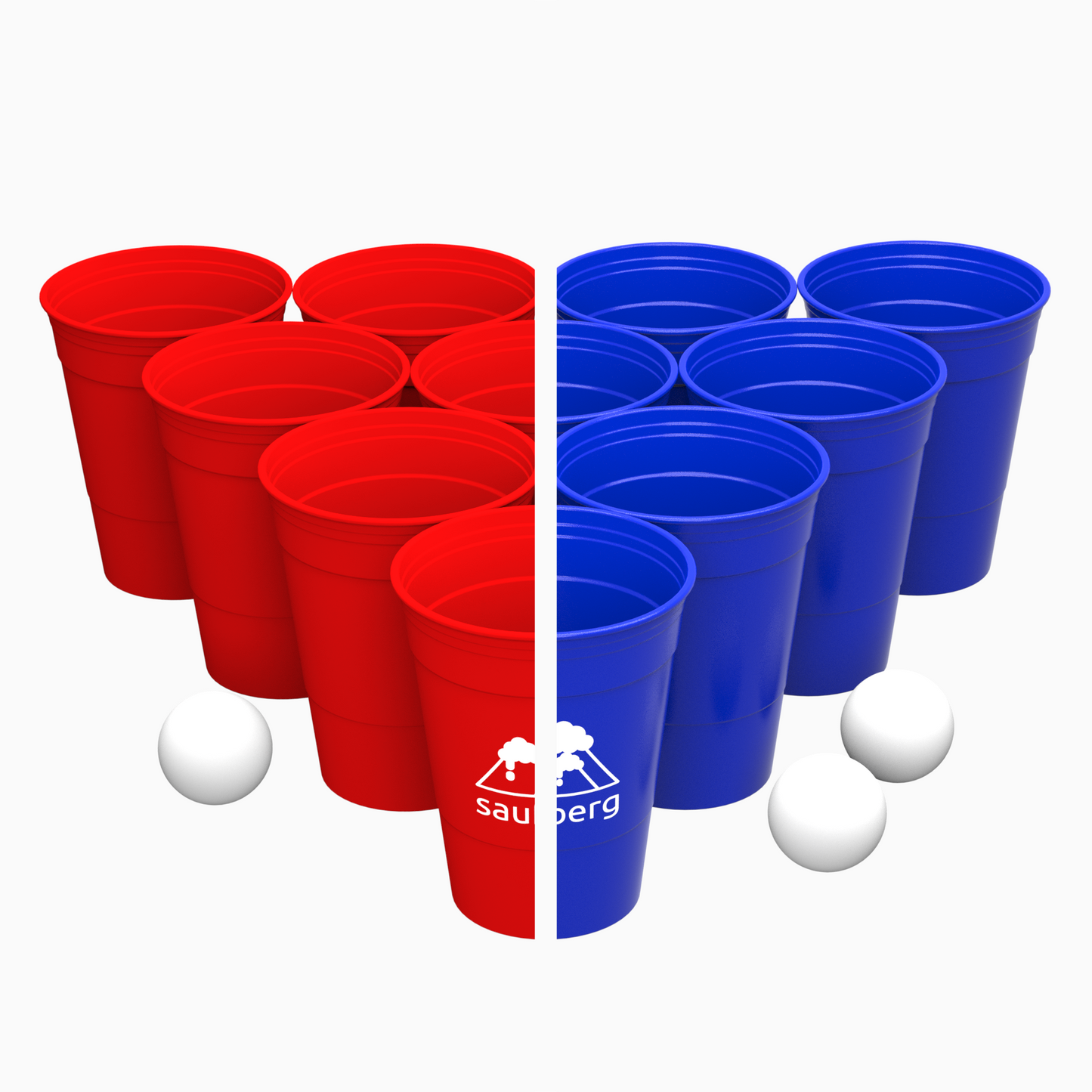 Bierpong-Set mit 12 blauen und 12 roten Mehrweg-Beerpong-Bechern aus Hartplastik und 6 Tischtennisbällen! Nachhaltig, Spülmaschinenfest und preiswert für jede Party.