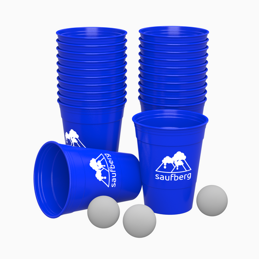 Bierpong-Set mit 22 blauen Mehrweg-Beerpong-Bechern aus Hartplastik und 6 Tischtennisbällen! Nachhaltig, Spülmaschinenfest und preiswert für jede Party.