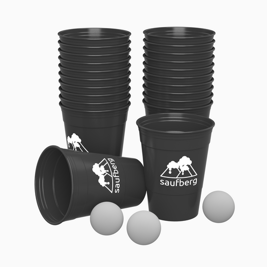 Bierpong-Set mit 22 schwarzen Mehrweg-Beerpong-Bechern aus Hartplastik und 6 Tischtennisbällen! Nachhaltig, Spülmaschinenfest und preiswert für jede Party.