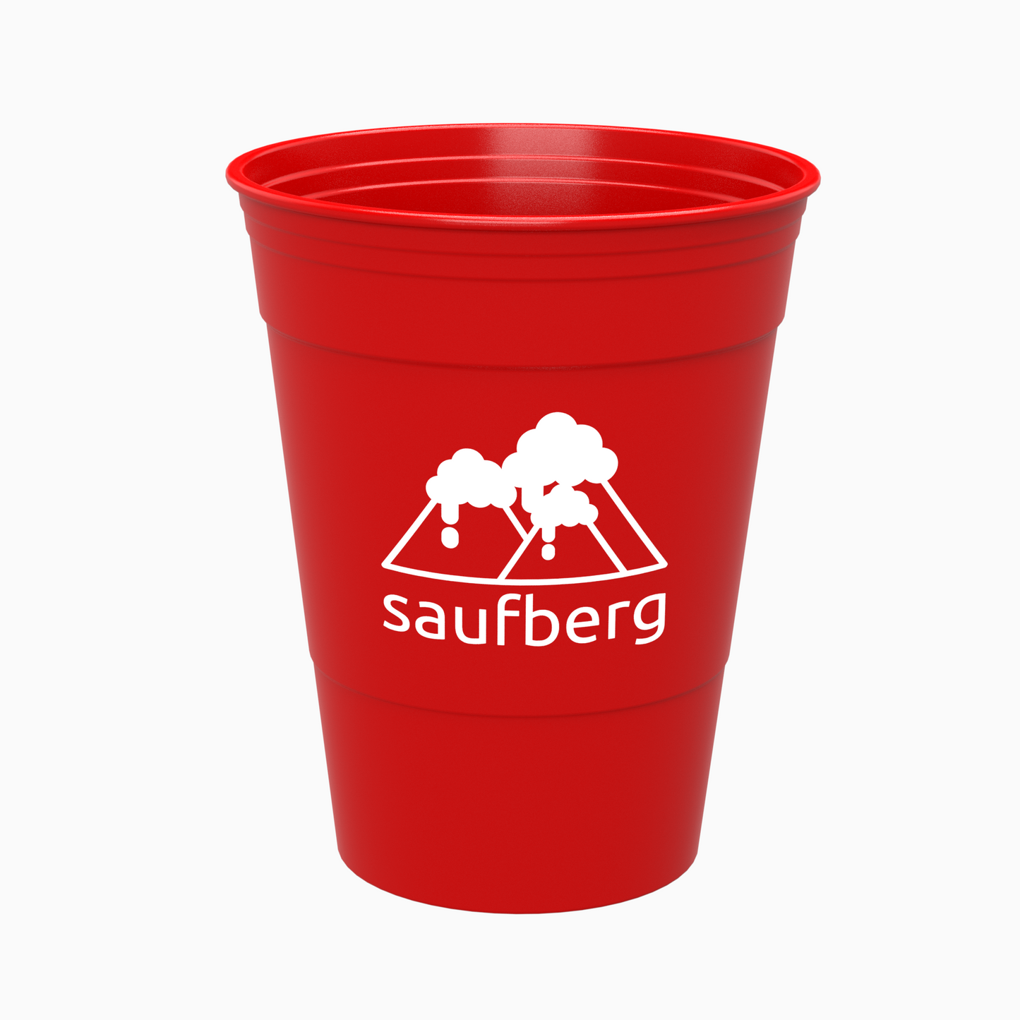Roter original Mehrweg Bierpong Becher mit weißem saufberg Logo Aufdruck. Ein Red Cup, wie man ihn aus College-Filmen kennt.